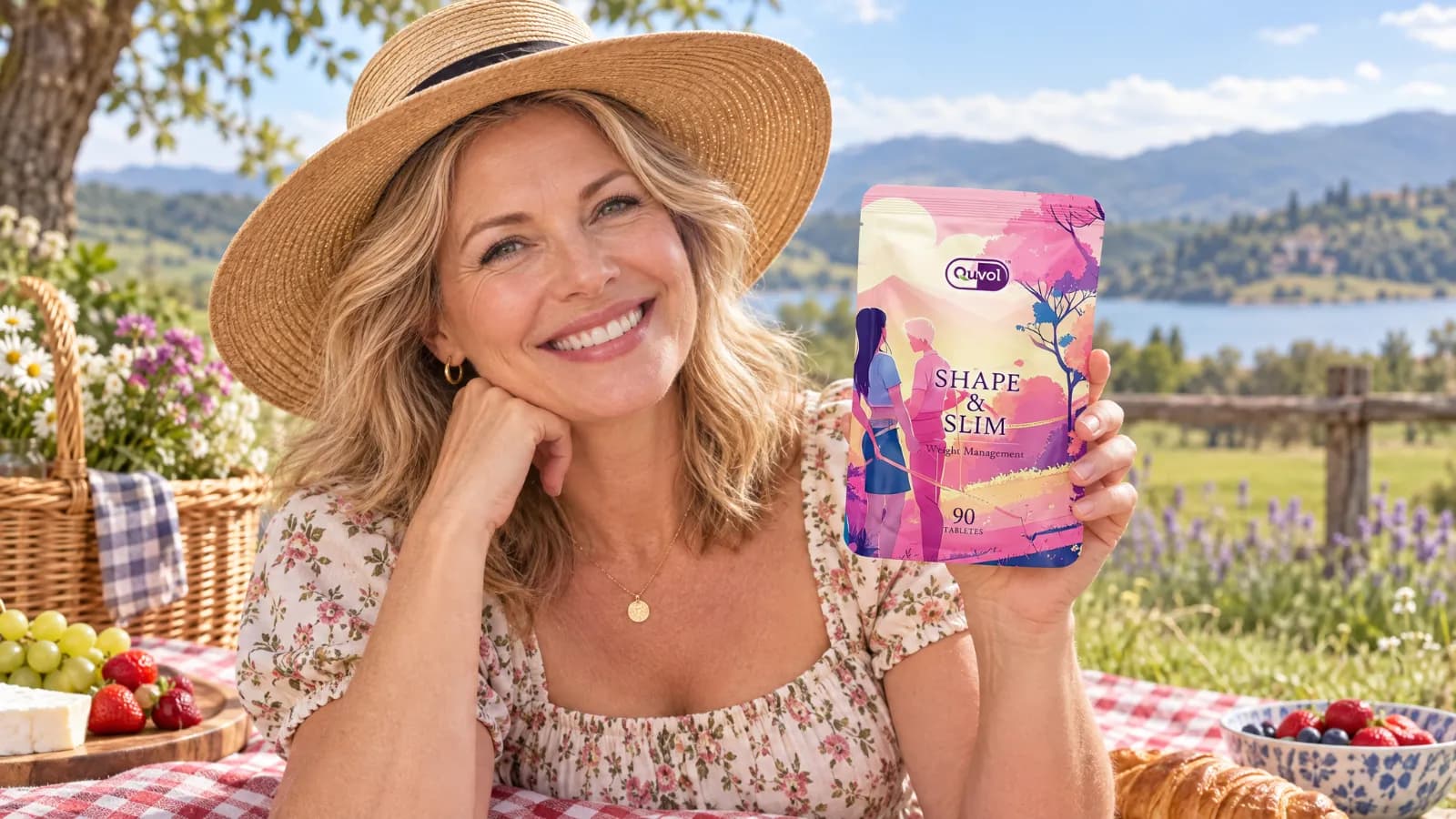 A woman at an outdoor table holding a pouch of Quvol Shape & Slim